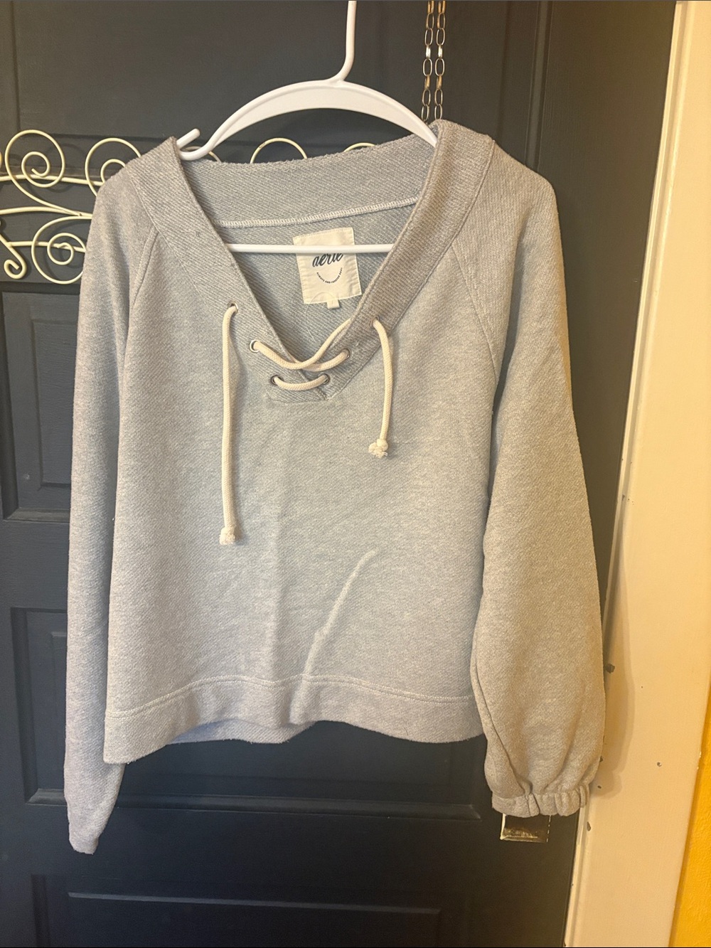 aerie Heather Gray Lace-Up V-Neck Pullover Sweatshirt